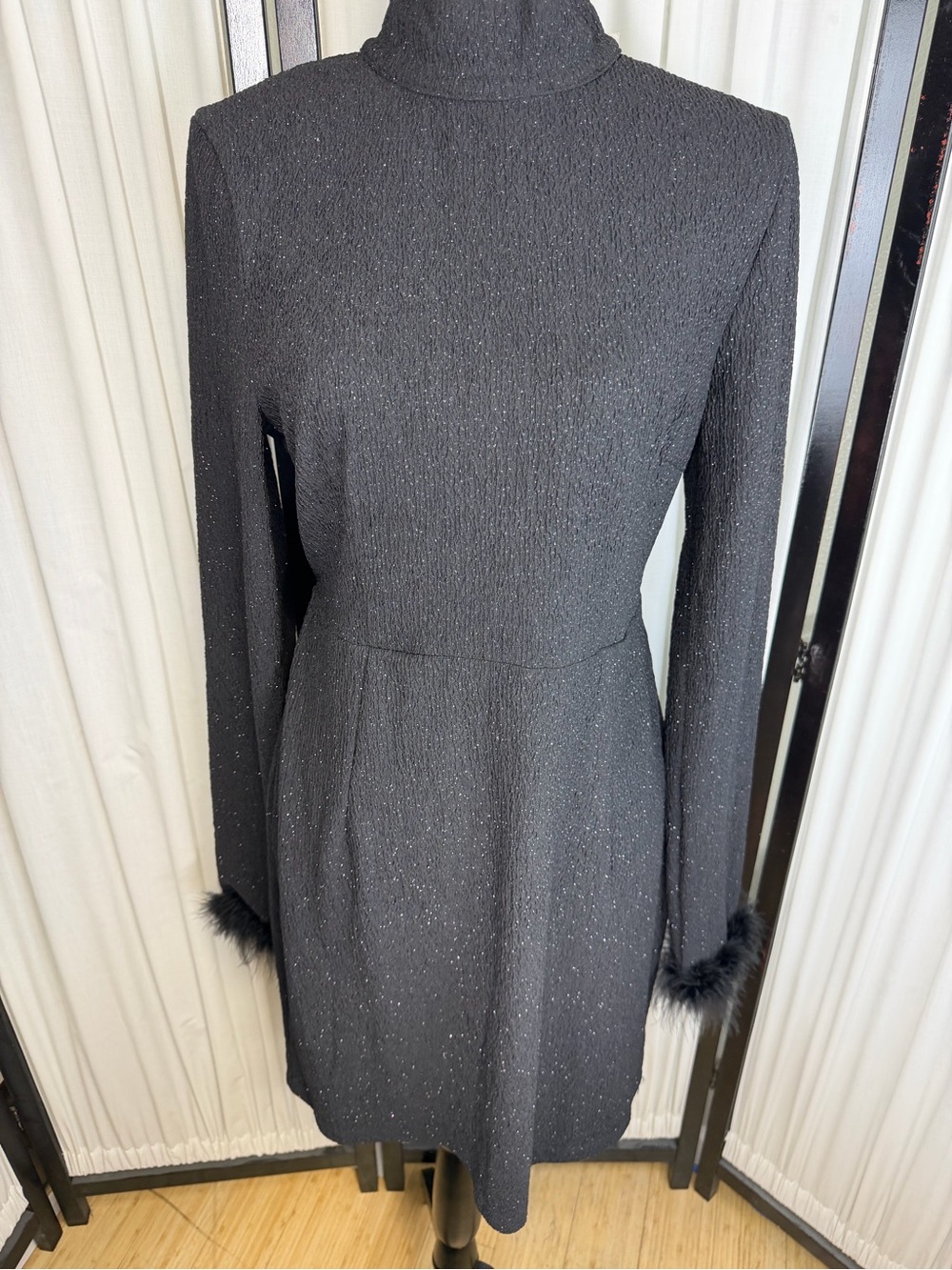Shimmery Mock-Turtleneck Long-Sleeve Backless Dress with Faux-Fur Cuffs 1X
